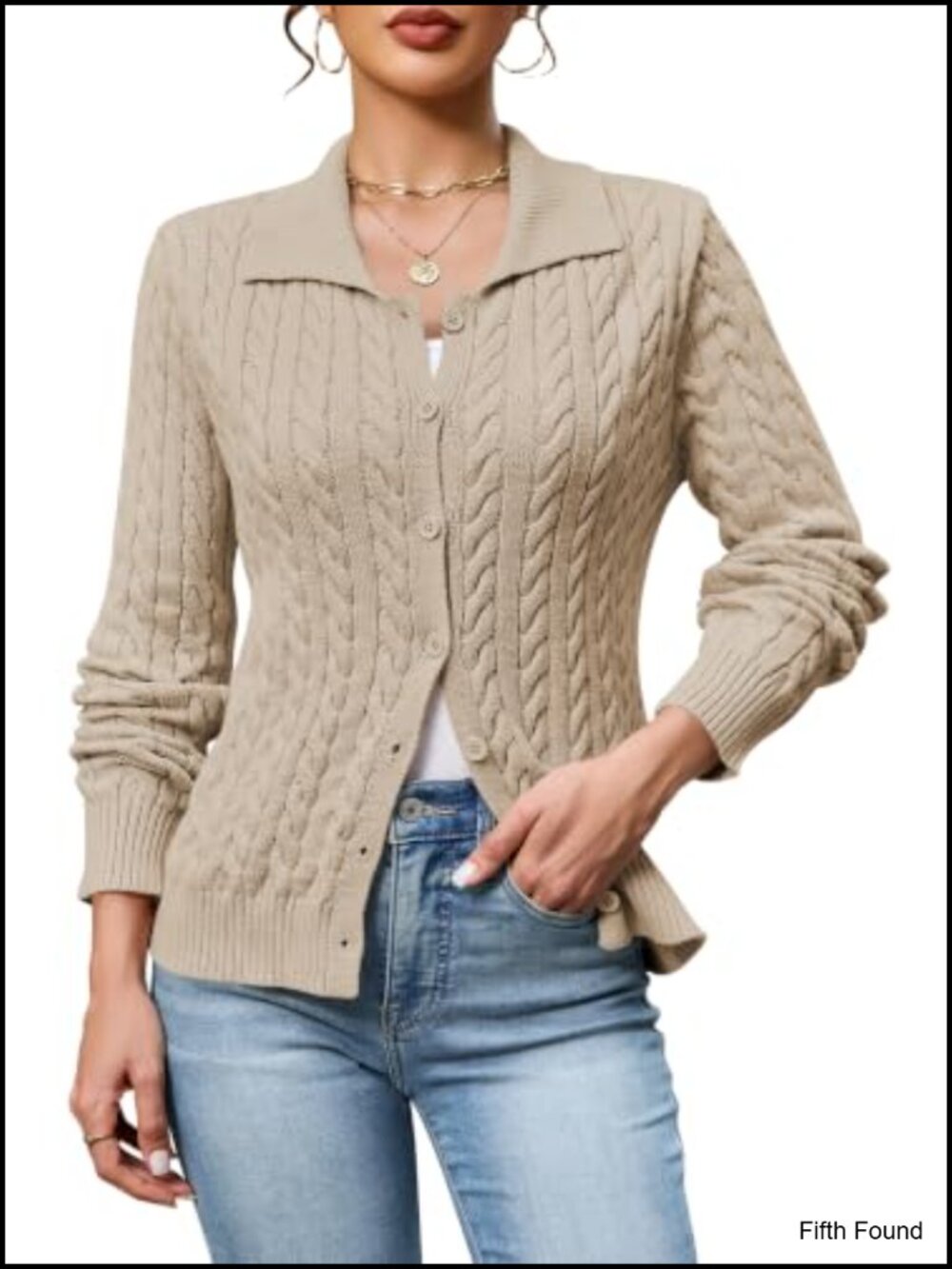 Cable Knit Cardigan Collared Button Up Sweater Cropped Lightweight